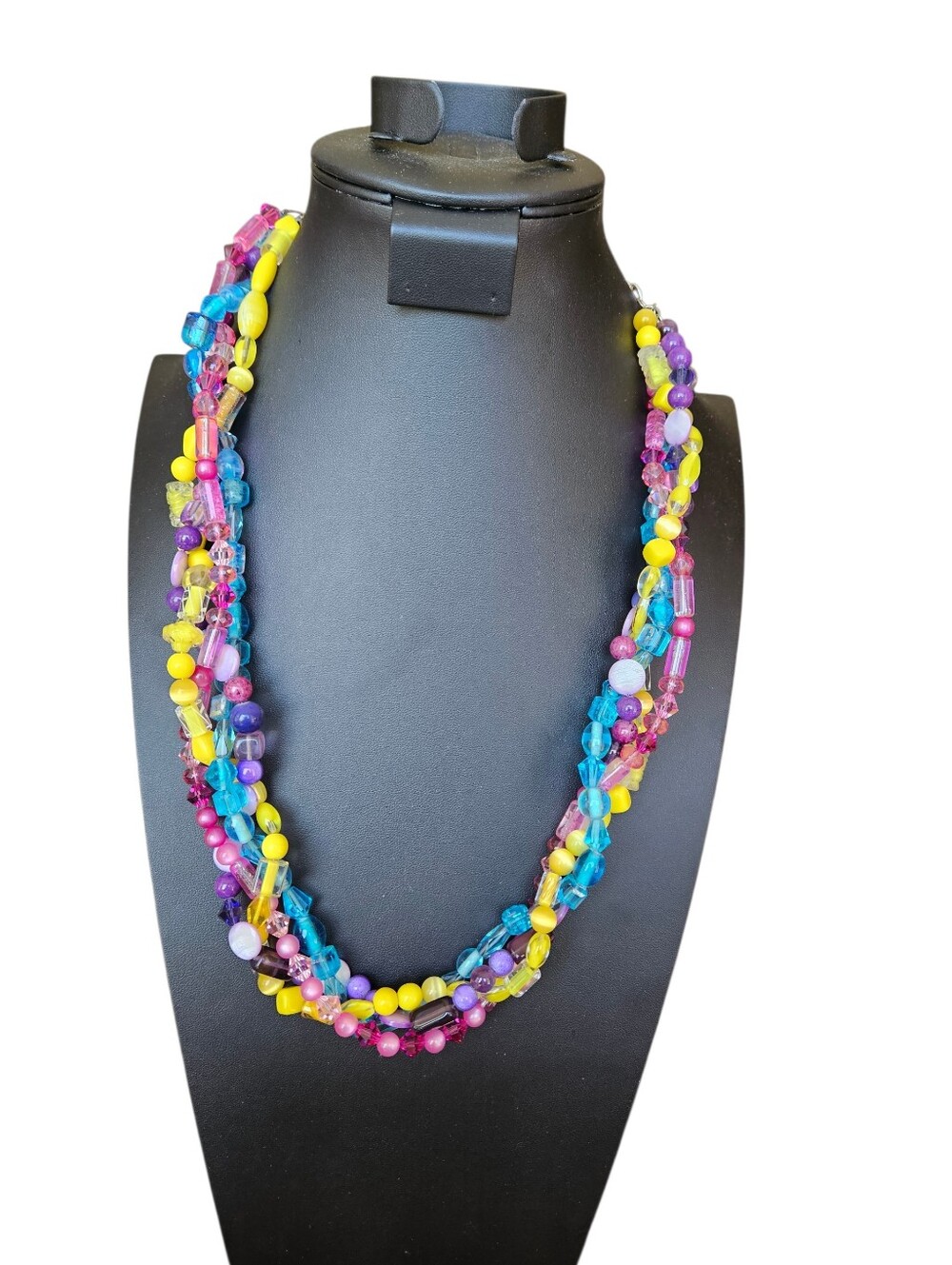 Colorful GLASS Bead Necklace In Pink, Purple, Aqua And Yellow. 27"